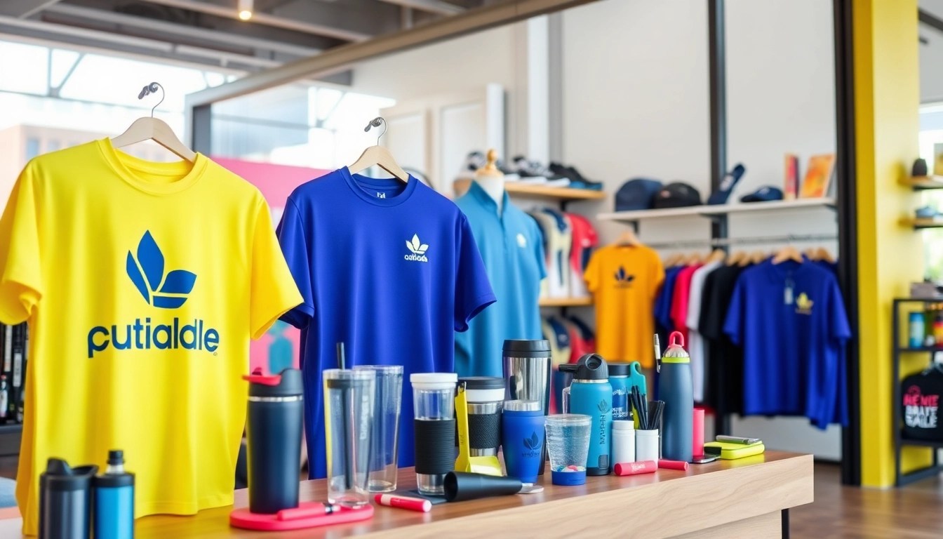 Showcase of high-quality promotional products in Louisville, including apparel, tech gadgets, and accessories, arranged on a sleek display for branding impact.