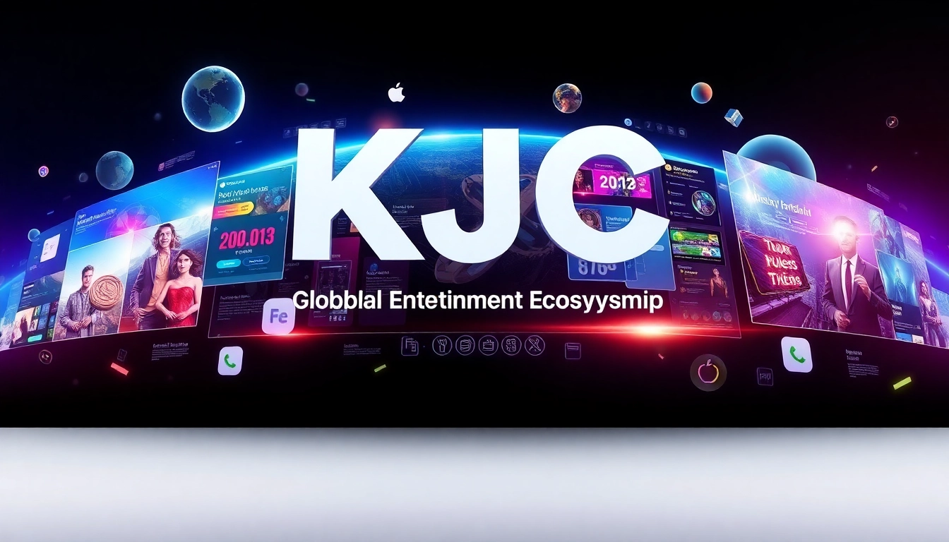 KJC branding professional engaging with diverse digital interfaces in a vibrant, modern setting