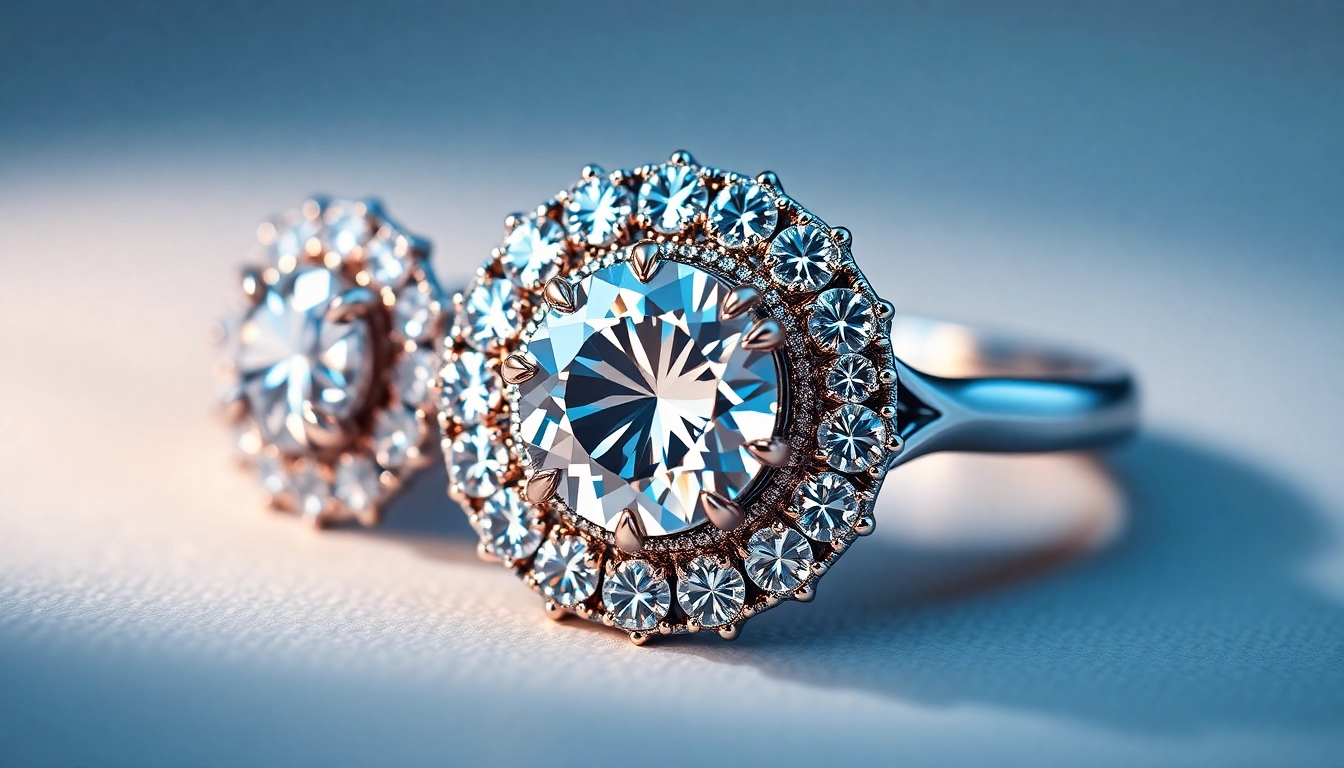 Heavily detailed halo engagement rings with shimmering diamonds encircling the center stone, highlighting sparkle and craftsmanship for bridal jewelry.