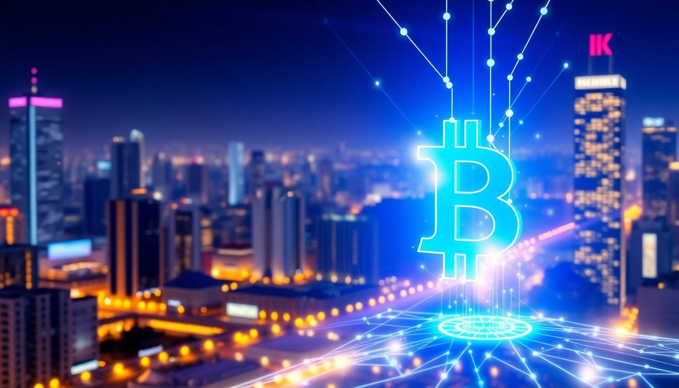 Bitcoin symbol rising above blockchain network representing digital currency growth and innovation