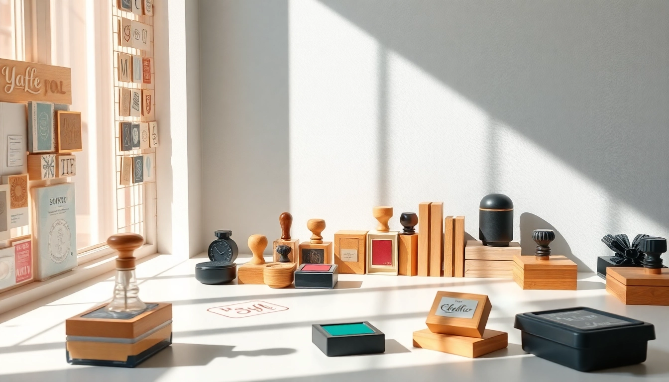 Create unique pieczątki online with diverse designs and high-quality materials displayed in a bright workspace.