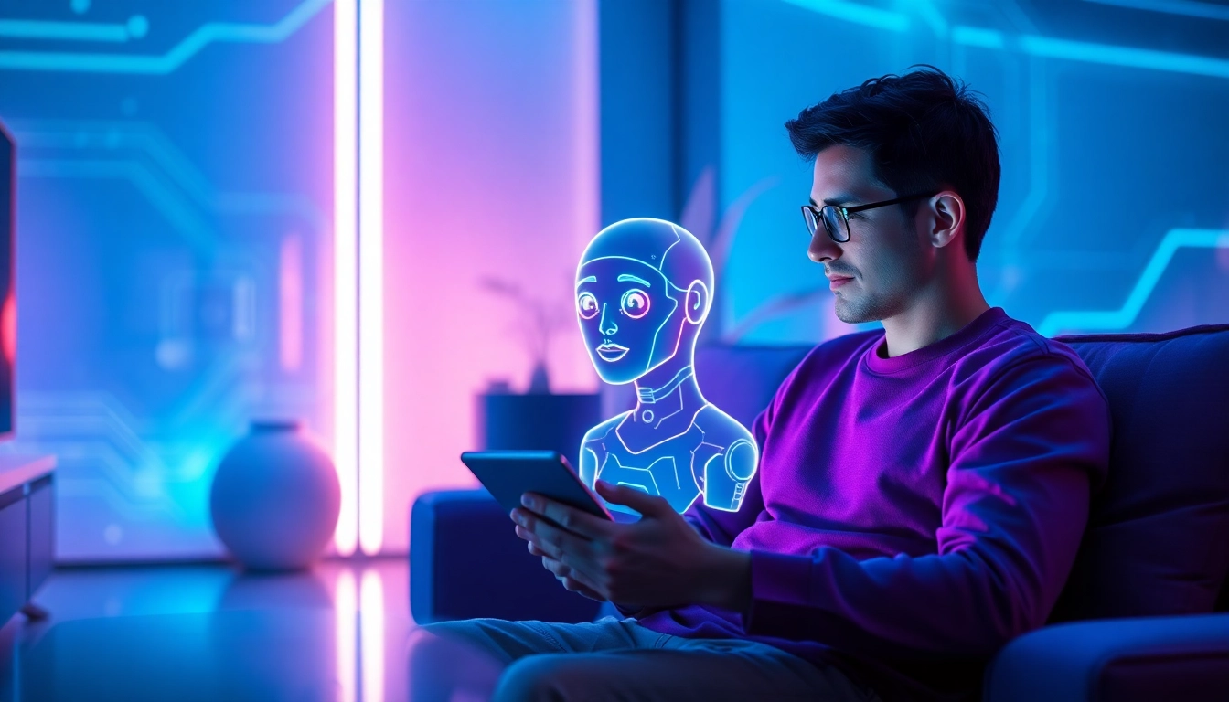 A human conversing with a glowing AI hologram in a futuristic, neon-lit room.