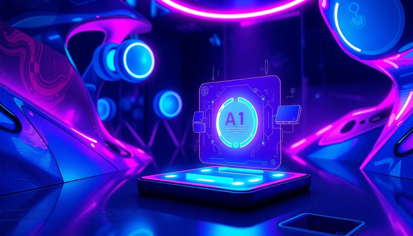 Futuristic AI chatbot interface with holographic elements in a neon-lit, high-tech environment.