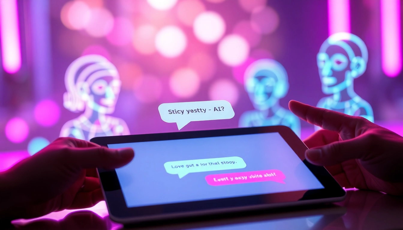 Futuristic chat interface on a tablet with holographic AI characters and vibrant neon background.