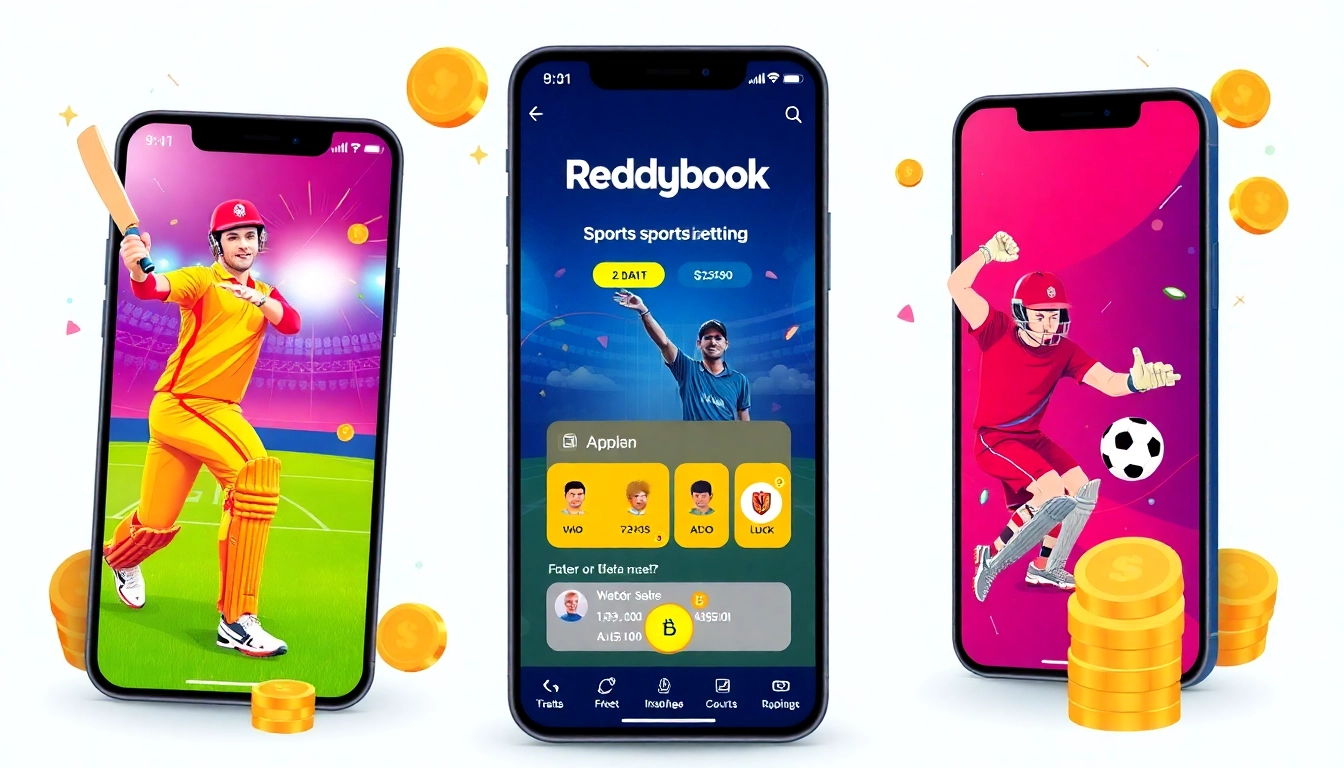 Reddybook online sports betting platform with cricket and football visuals, modern app interface, vibrant colors, and user engagement elements for seamless betting experience
