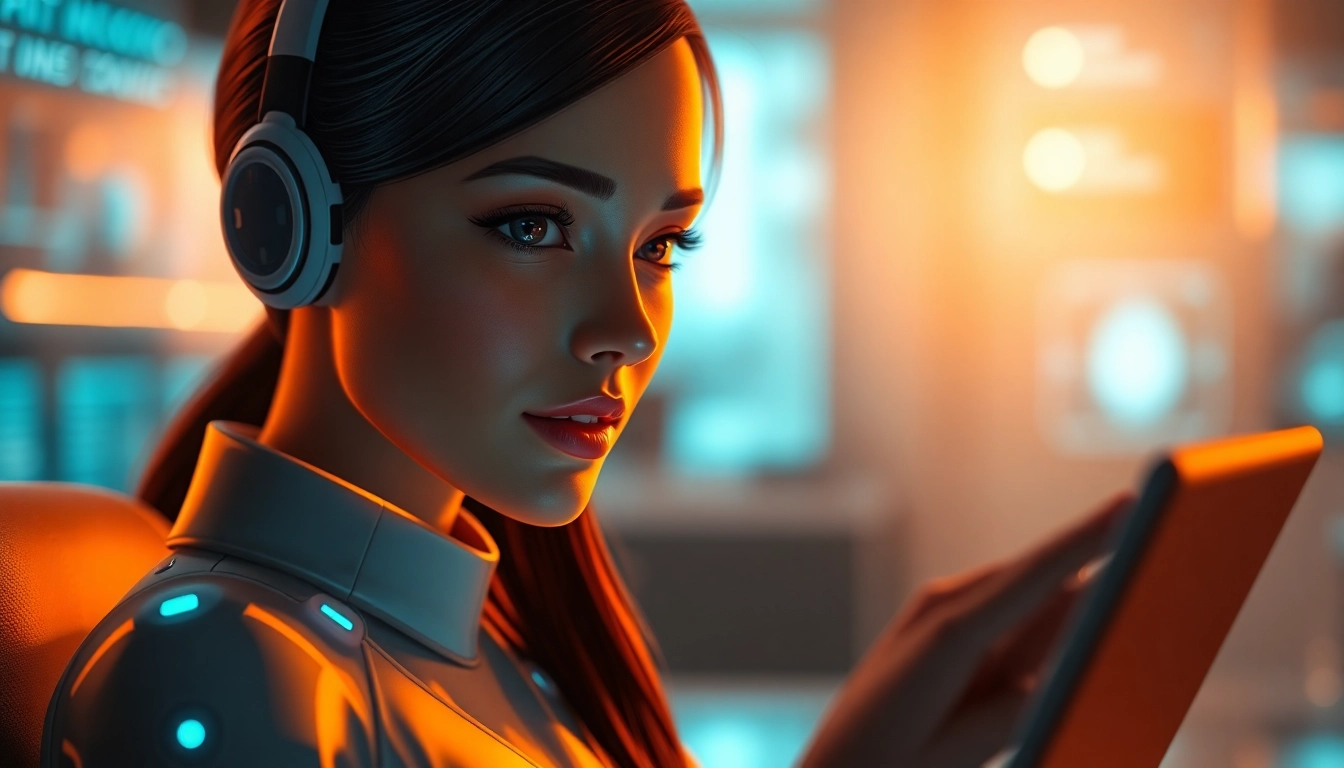 Futuristic female AI character engaging in a private conversation in a high-tech environment.