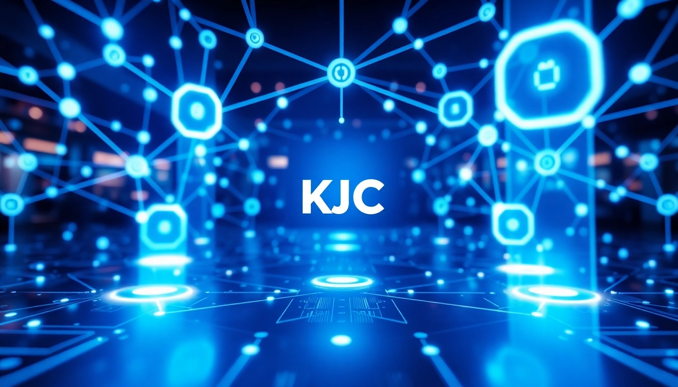 KJC logo displayed on a sleek digital interface, highlighting innovation, connectivity, and trust in technology solutions, emphasizing their leadership in digital entertainment.