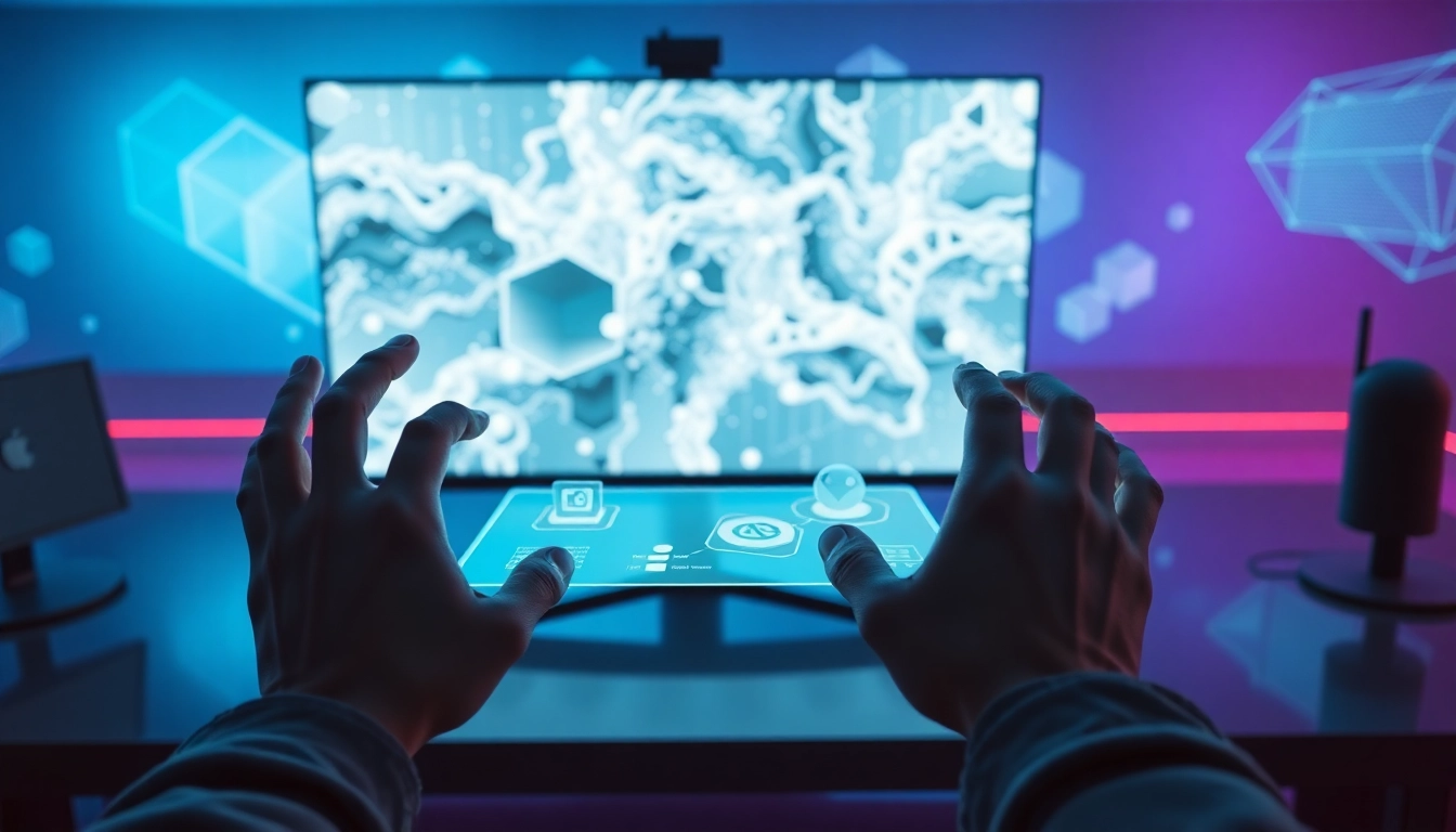 A futuristic AI-powered digital workspace with holographic interfaces and advanced editing tools.