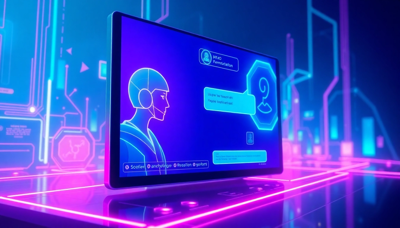 A futuristic user interacting with a neon-lit AI chatbot on a digital screen with cyberpunk style.