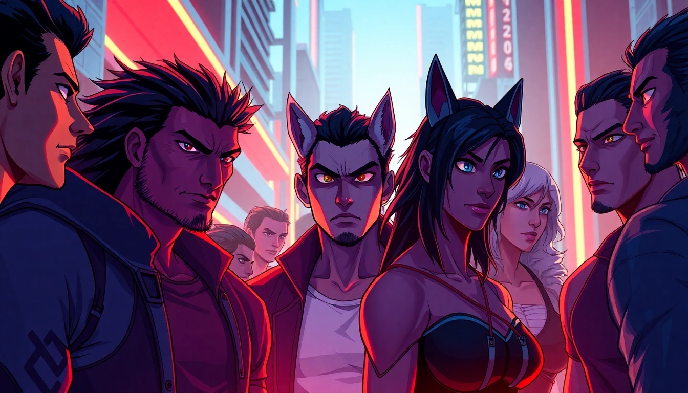 An illustration of a futuristic society inspired by the Omegaverse, featuring diverse characters representing alpha, beta, and omega roles with modern urban background and neon lighting.