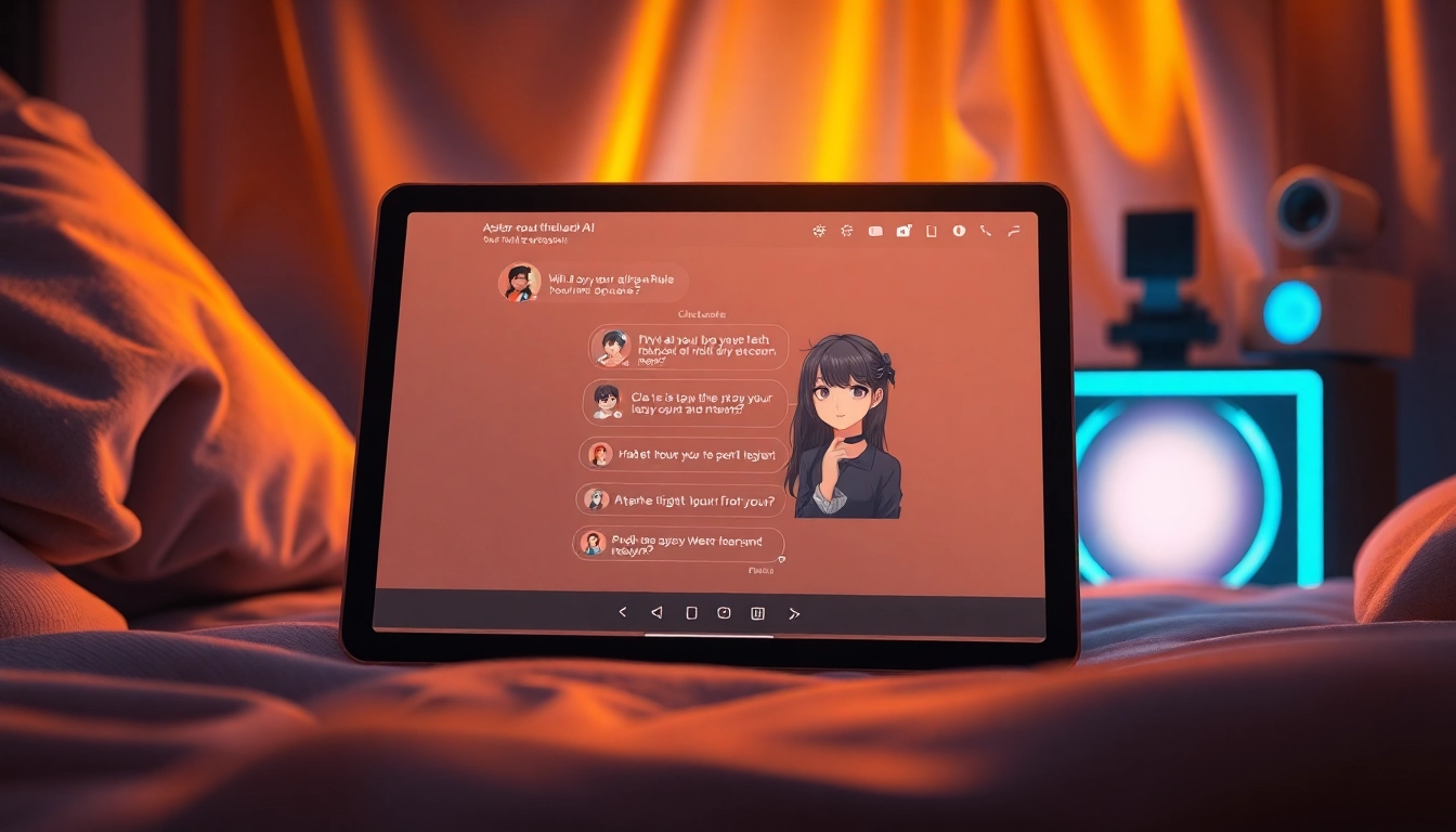 Close-up of a tablet screen with a conversation with an AI character in a cozy, modern room