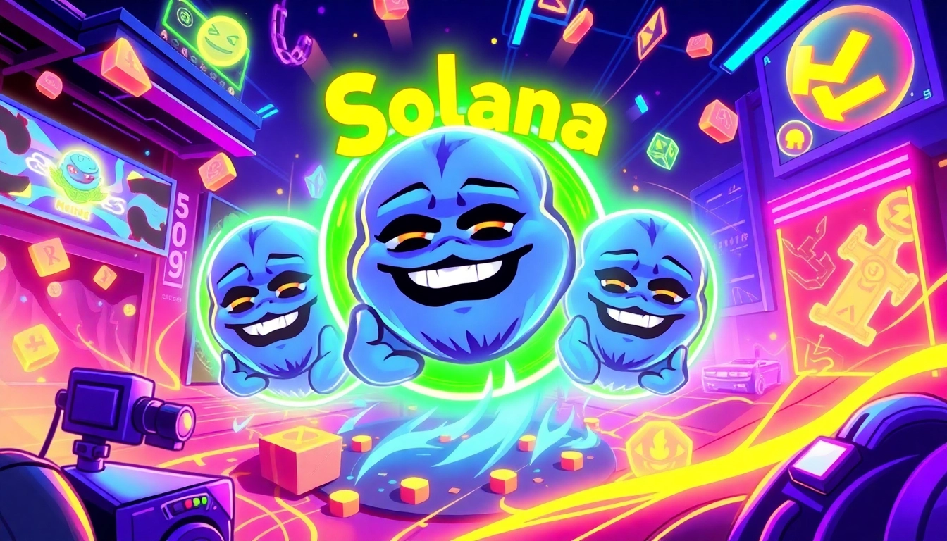 Vivid scene of Solana Meme Tokens and Pepe memes highlighting community gaming and staking