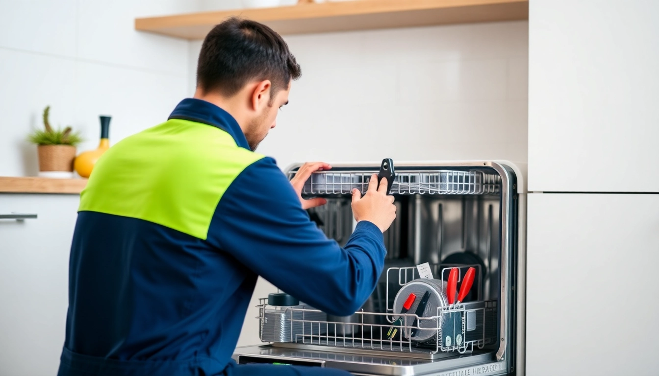 Trusted dishwasher repair Toronto specialists fixing a dishwasher in a clean kitchen to restore