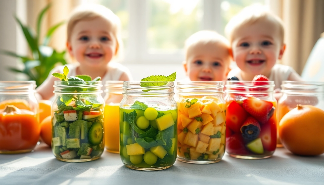 Young baby enjoying healthy alimenti sani per bambini with fresh fruits and vegetables on a