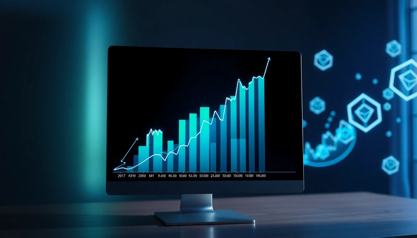 Crypto Investment Guide with rising digital currency charts and blockchain symbols illustrating