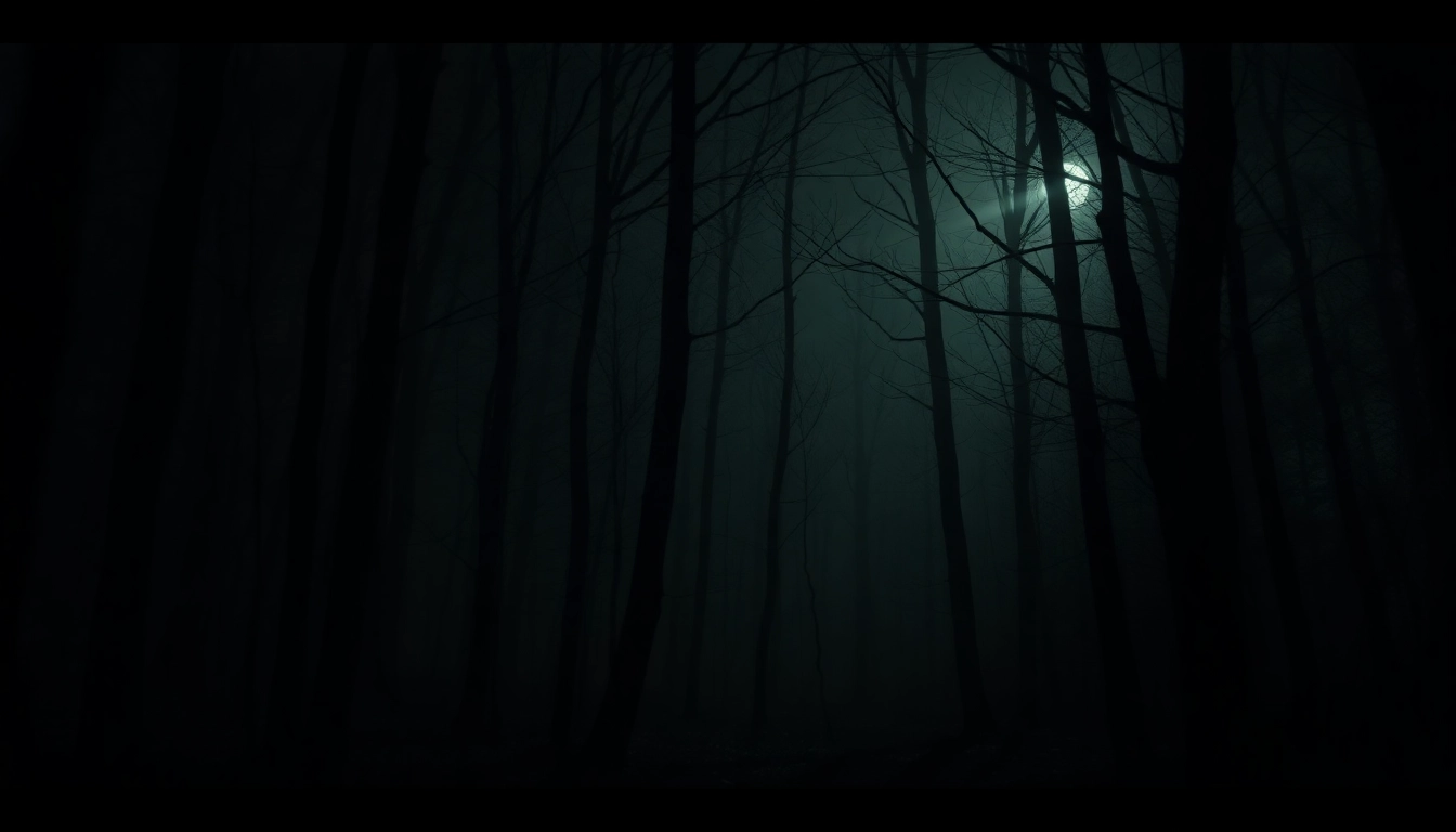The horror video scene captures a terrifying moment in a dark, haunted forest with ominous shadows and eerie lighting, heightening suspense.