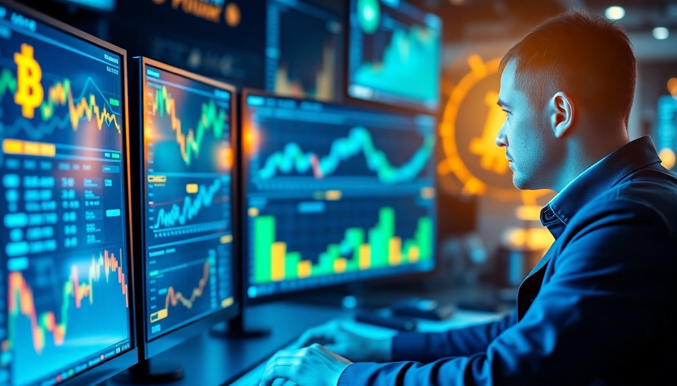 Cryptocurrency charts and a trader reviewing a comprehensive Crypto Investment Guide for