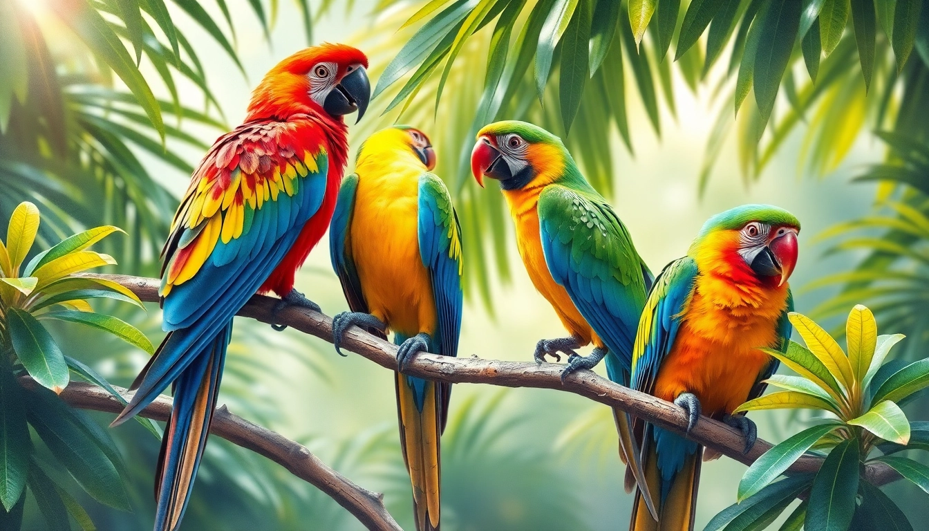 Colorful parrots resting on tree branches in a vibrant jungle setting, showcasing their bright