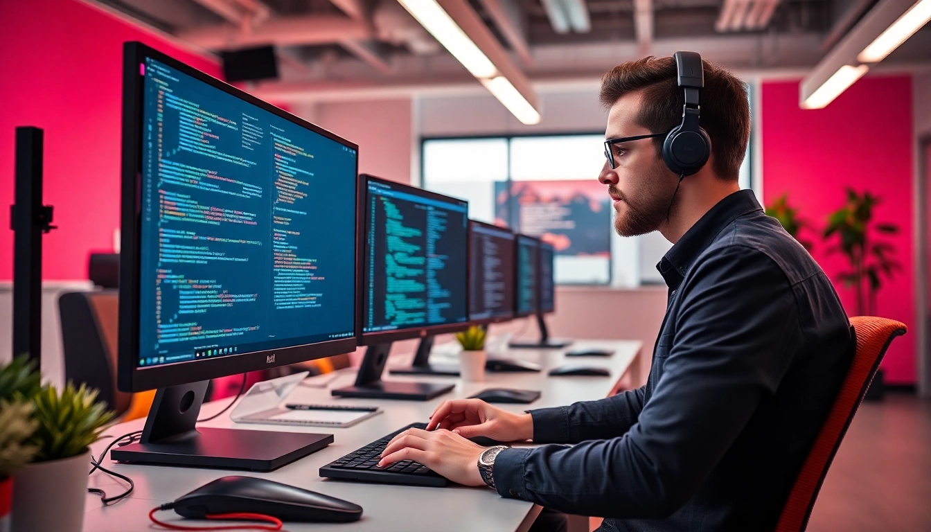 Skilled Angular developer designing responsive web interfaces in a modern office environment
