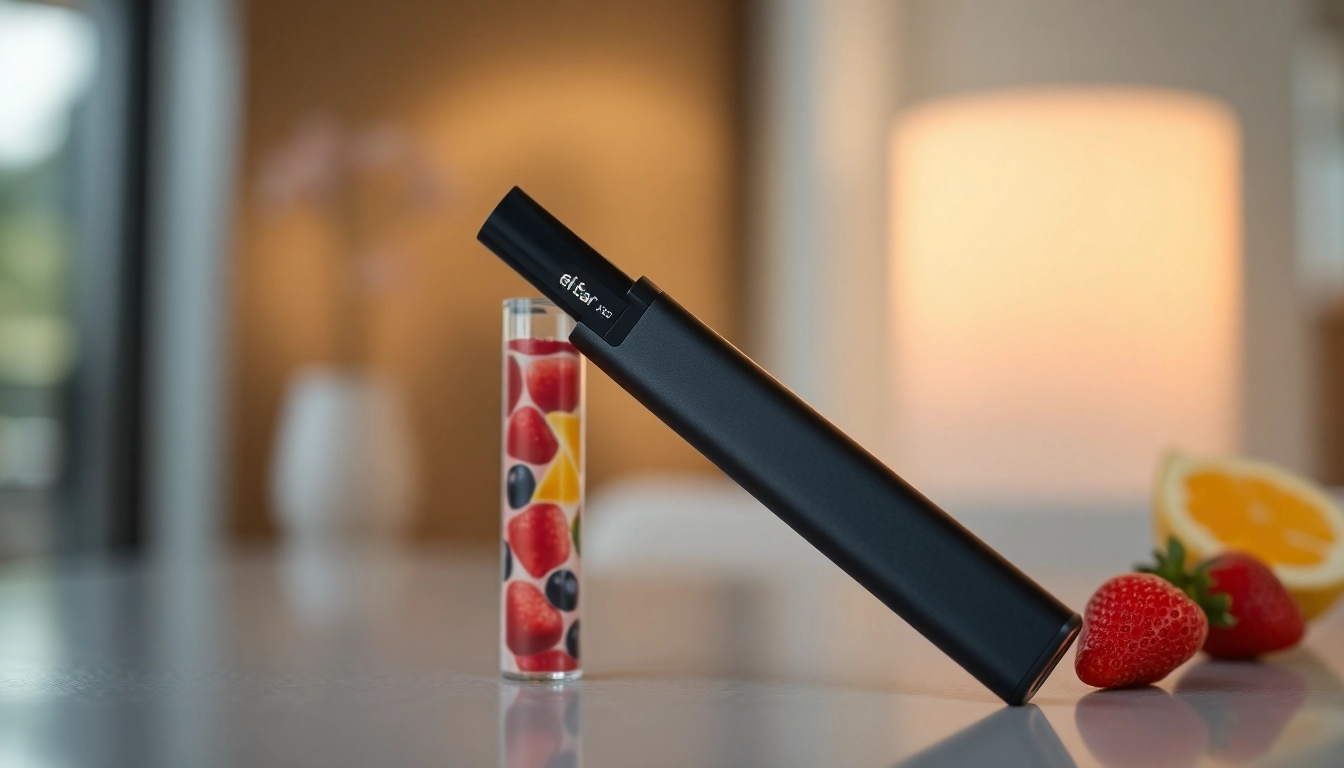 Elf Bar disposable vape in vibrant colors with fruity flavor visuals, highlighting sleek design