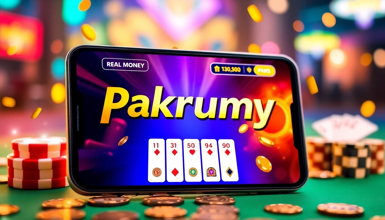 Pakrumy online gaming app displaying real-money cards and vibrant casino environment,